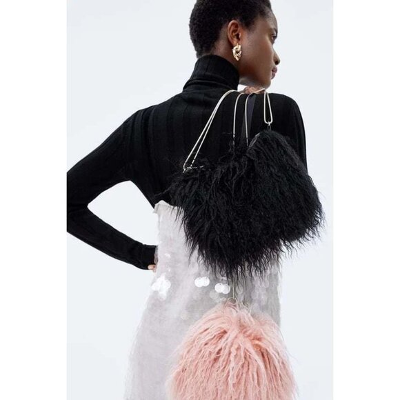 ZARA Black Faux Mongolian Fur Convertible Evening Purse Bag - Picture 15 of 16
